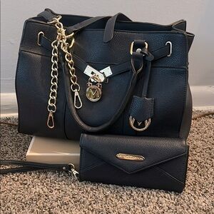 Mia K. Collection Dark Blue Leather Tote and Wallet Set
